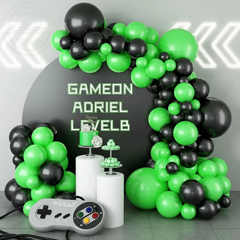 87Pcs Video Game Balloon Garland Arch Kit Black Green Latex Balloons for Kids Boy Gaming Party Gamer Fan Birthday Decorations