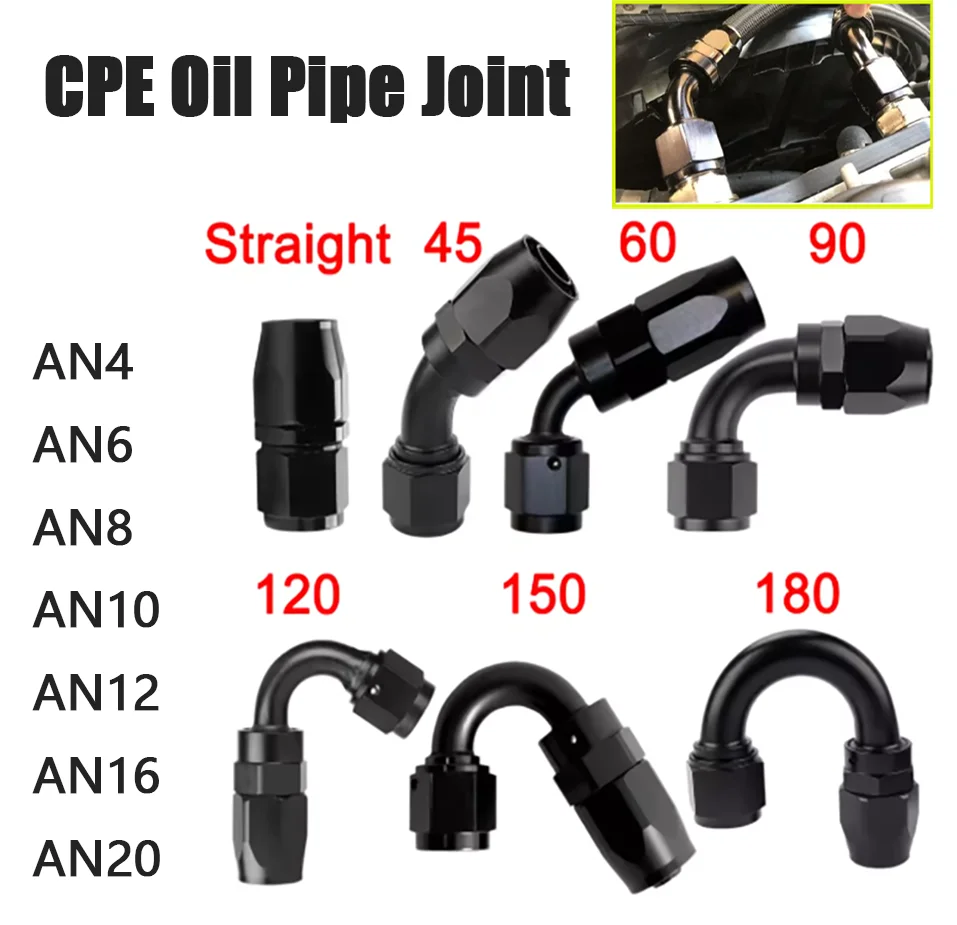 AN4-AN20 Straight 0°/30°/45°/60°/90°/120°/150°/180° Degree CPE Oil Fuel Swivel Hose End Fitting Oil Hose End Adaptor Kit Black