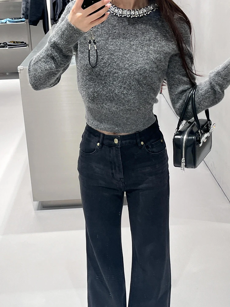 

Luxury Women's Winter Knitted Sweater Diamond Embellied Commute Sle Regular Fit Long Sve ort Length round Ne Top