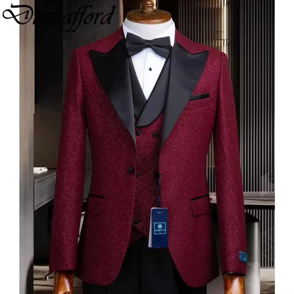 Traje de fiesta de noche para hombre, Blazer de tres piezas con purpurina roja, chaqueta, chaleco y pantalones, ropa de novio