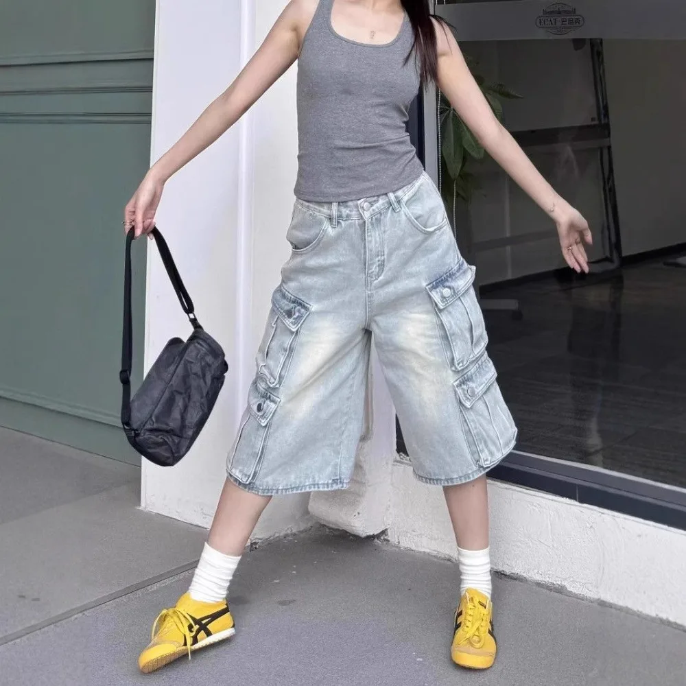 Invisibile con apertura sul cavallo Danni sessuali all'aperto Pantaloncini da uomo in denim Tasca estiva Utensili Jeans Tendenza Pantaloni larghi dritti retrò