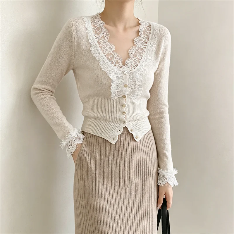 Women's V-Neck Lace Patchwork Knit Elastic Fabric Elegant Office Ladies Outerwear Fall Winter Cozy Knit Top SW3563