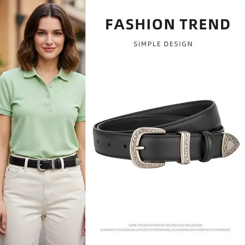 

Genuine Leather Waist Belt for Women with Carved Metal Buckle, Split Leather