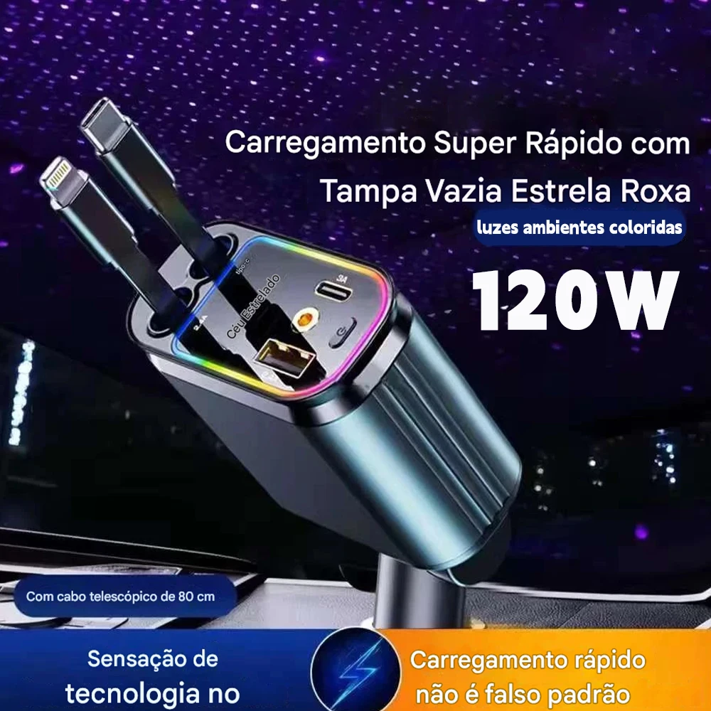 Carregador Veicular 4 em 1 com Cabo Extensível e Rotação de 180 Graus ° Carregamento Rápido e Multifuncional para Celular