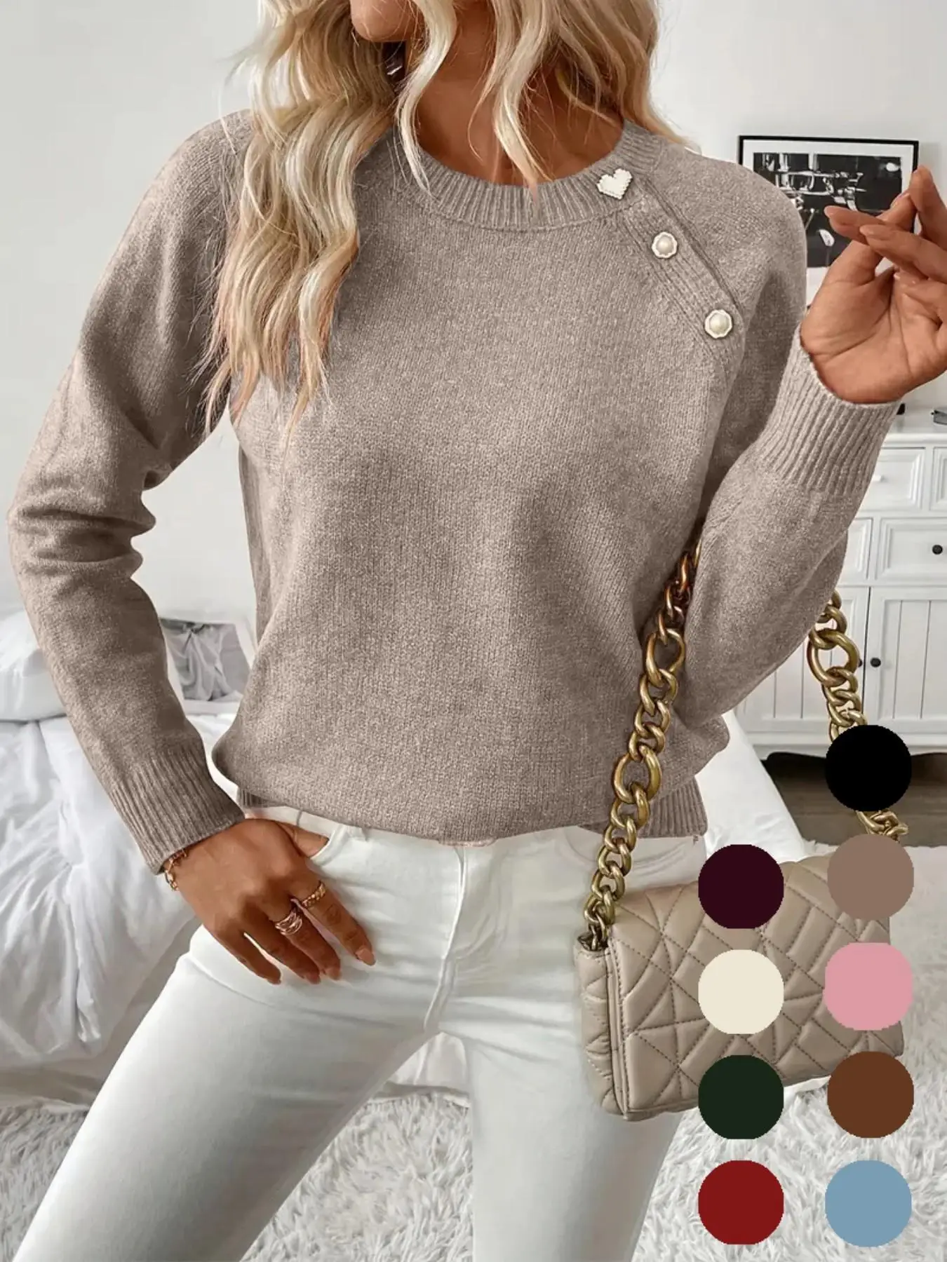Women Solid Knit Pullover Round Neck Decorative Pearl Buttons On Shoulder Long‑Sleeve Relaxed Silhouette Fall Daily Soft Knit To