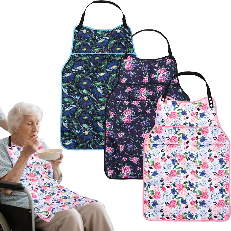 Floral Print Adult Bibs Waterproof Washable Eating Apron Adjustable Neck Strap Clothing Protector Reusable Feeding Bib for Elder