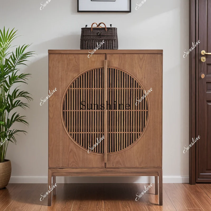 New Chinese-style entrance black walnut shoe cabinet Zen bright moon storage  FT