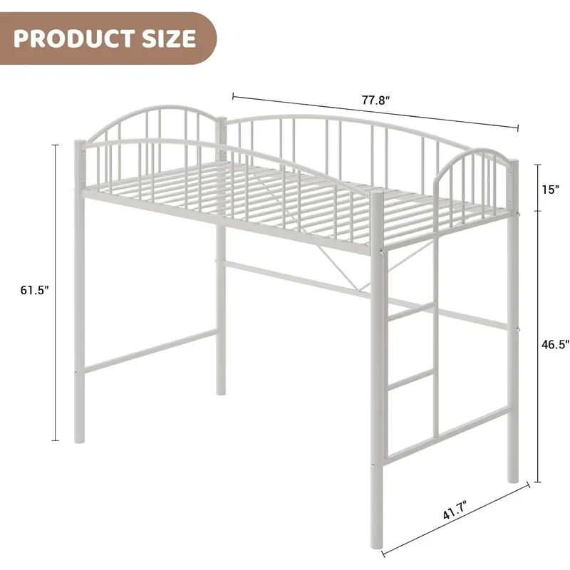 Loft Bed Twin Size with Arched Guardrail and Safety Ladder