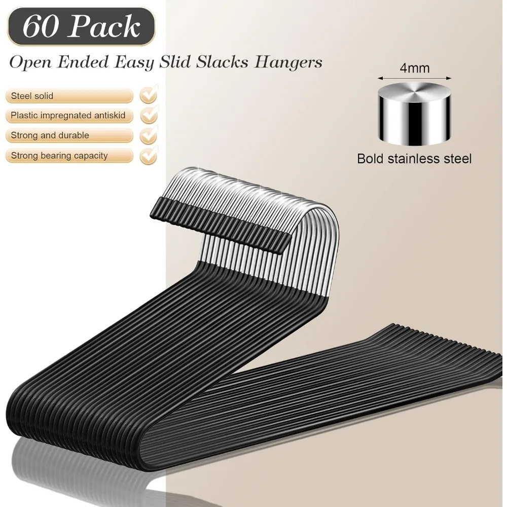 60 Pack Open Ended Pants Hangers, Metal Non Slip Trouser Hangers, Anti Rust Chrome Rubber Coating Slack Jeans Hangers