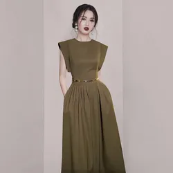 Elegant Summer Ladies Office Long Dress High Quality Designer Women O Neck Sleeveless Pockets Slim Waist Work Vestidos With Belt
