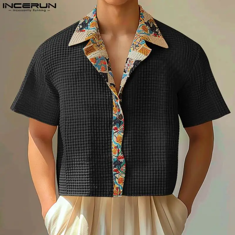 INCERUN Men Shirt Printing Patchwork Lapel Short Sleeve Summer Casual Men Clothing Streetwear 2024 Fashion Male Crop Tops S-5XL