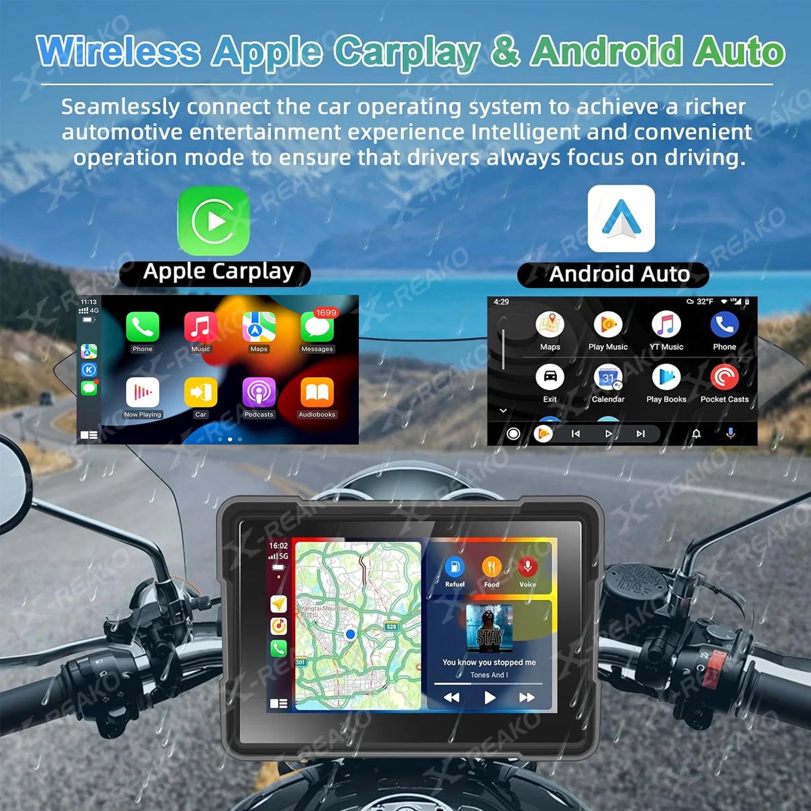 X-REAKO 5 inch Portable Motorcycle HD Screen GPS IPX7 Waterproof  For Wireless Apple CarPlay Android Auto EQ GPS Navigation BT