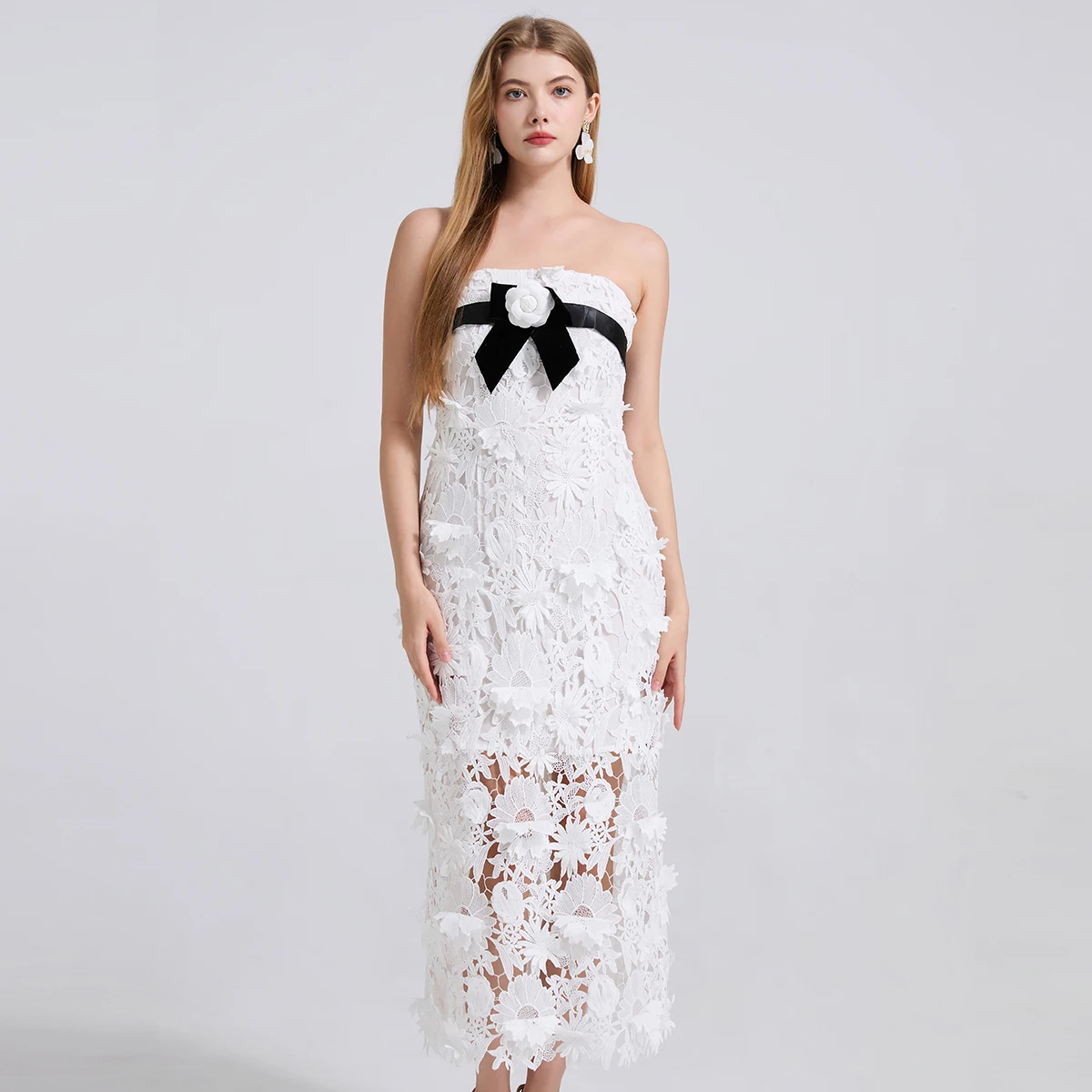 Heavy Industry Lace Three-dimensional Flower Embroidery Strapless Long Dress Summer 2025 Women's Black and White Bag Hip Skirt
