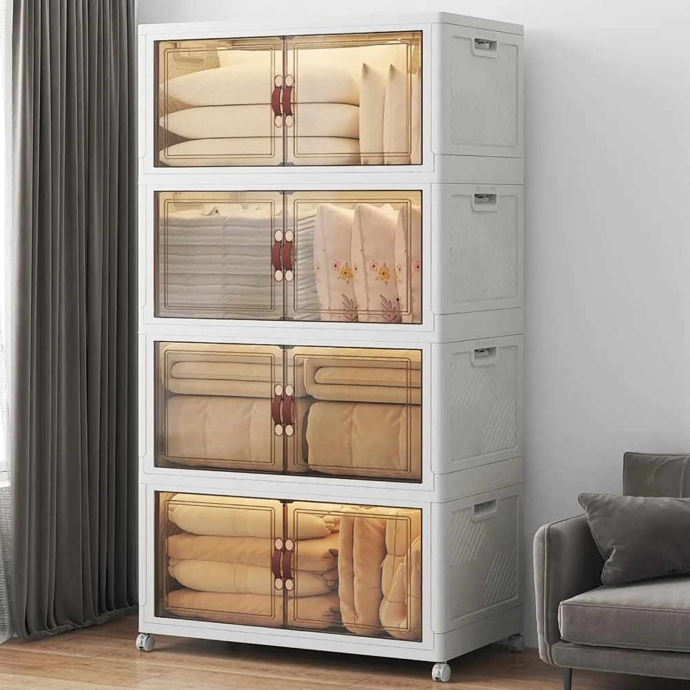 

Extra Large Stackable Storage Bins with Lids & Wheels & Door, Foldable Collapsible Closet Organizers, Plastic Containers Drawers