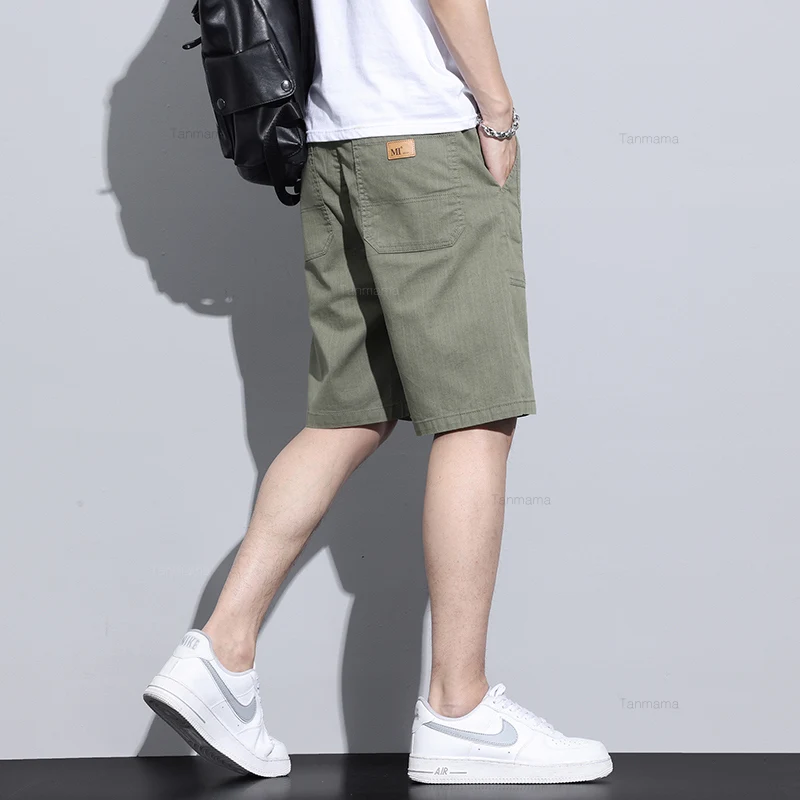 Summer Drawstring Casual Shorts Men's Fashion Cotton Elastic Armygreen Gray Black Loose Straight Comfortable Knee-length Shorts