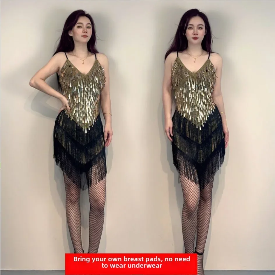 Robe de spectacle pour femmes, robe à paillettes, jupe de danse latine à franges, amincissante, irrégulière, pour fête, boîte de nuit, salle de bal, Standard