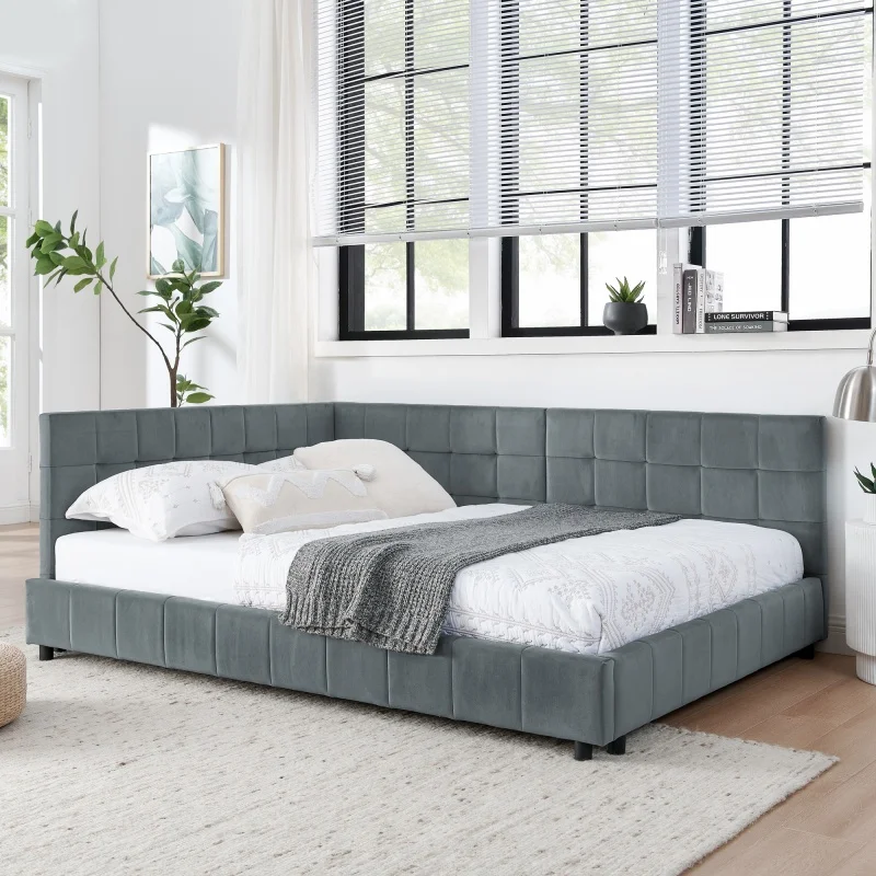 High quality modern full size grey comfortable backrest armrest velvet tufted upholstered bed frame