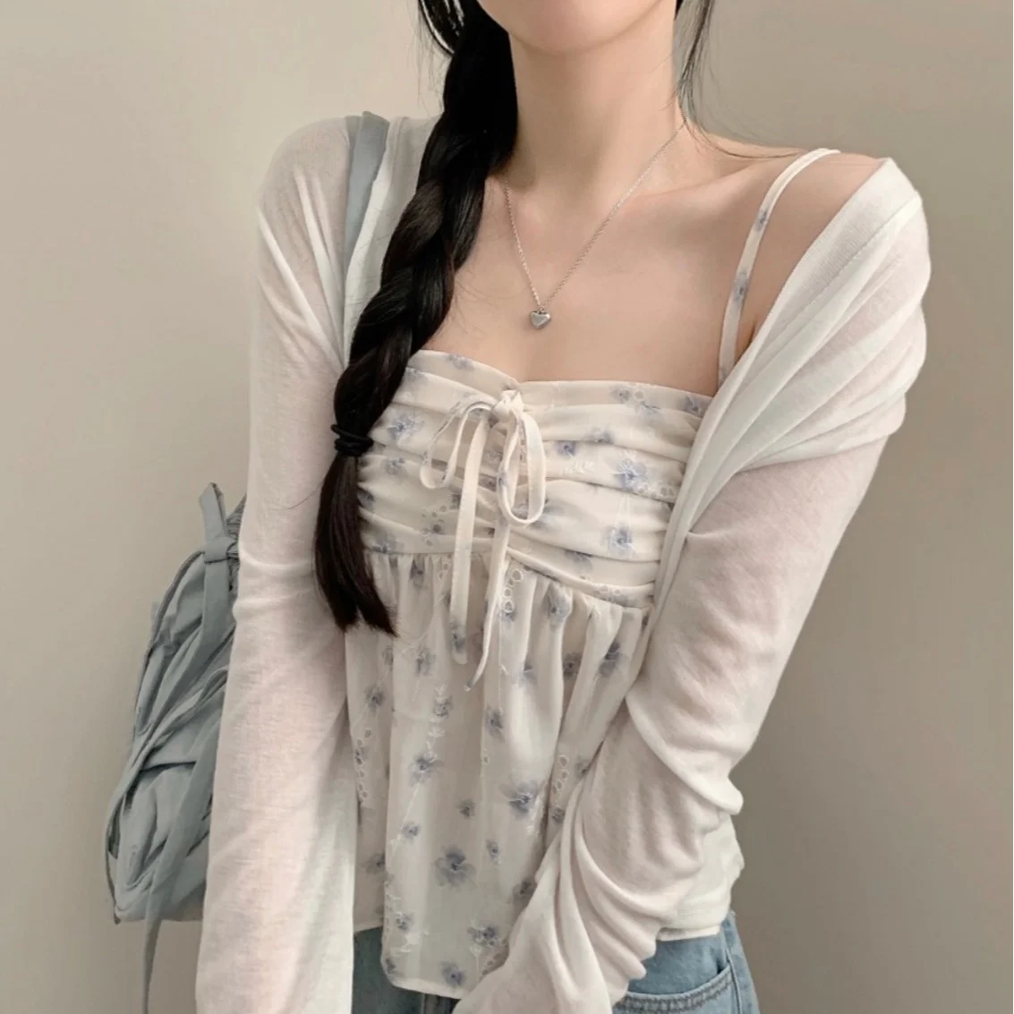 Cárdigan abierto de punto coreano Sle Long Sve con top floral para mujer, conjunto de moda de verano, temperamento dulce, en dos piezas...