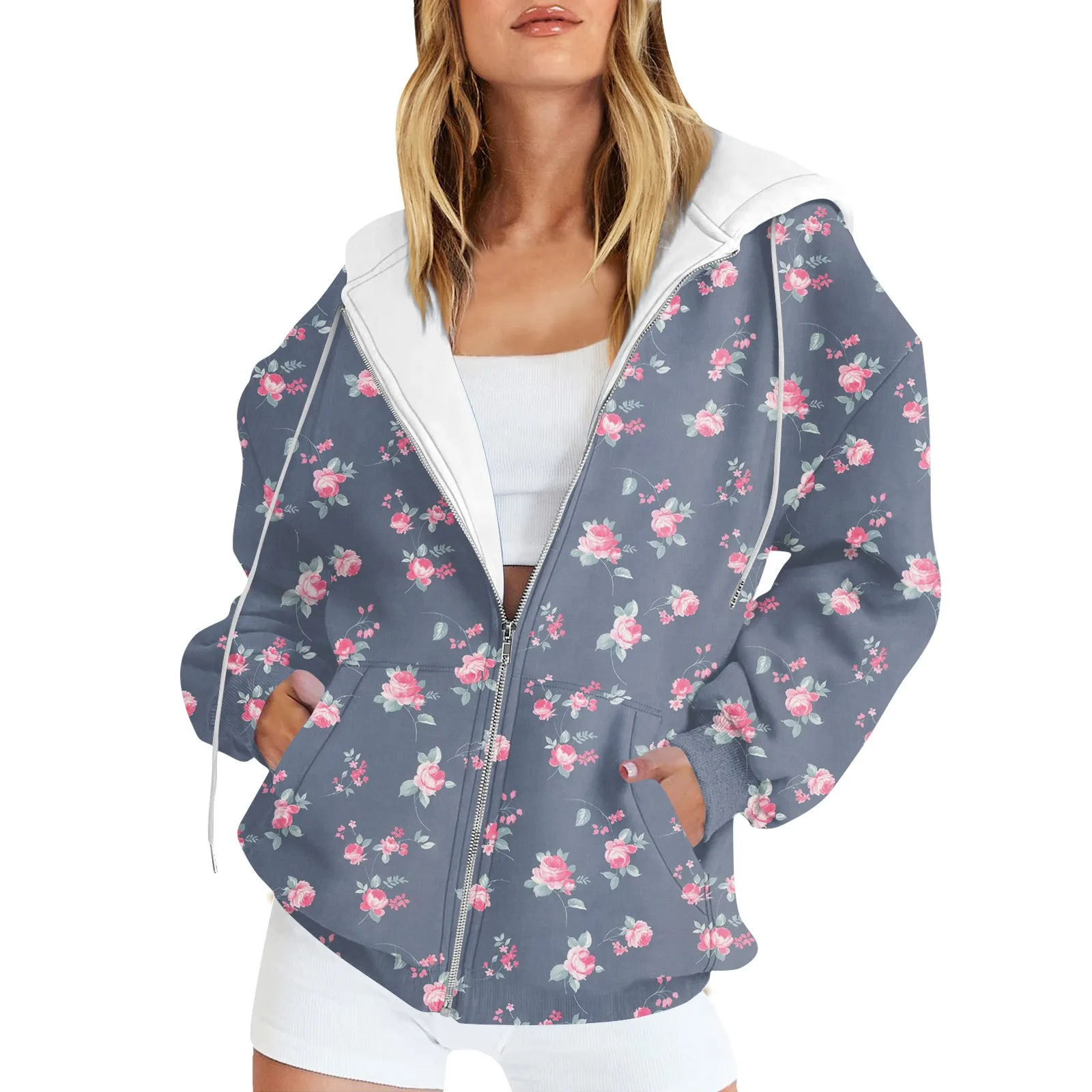 Women's Fashion Casual Floral Printing Sports Sportswear Autumn Winter Long sleeved Pocket Cardigan Jacket Zipper Hoodie Jacket