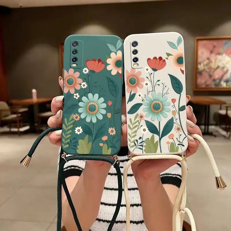 Y 20 Healthy Flowers Lanyard Silicone Phone Case For VIVO Y20 Y20i Y76 Y18 Y22 Y20S V23 V25 Y78 V21 Y38 Y21T V30E Y35 Y53 Cover