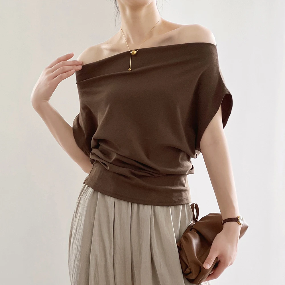 

Women Summer Sexy Off The Shoulder Cotton T Shirts Batwing Short Sleeve Loose Blouses Fashion Women Elegant Gray Tops Shirts
