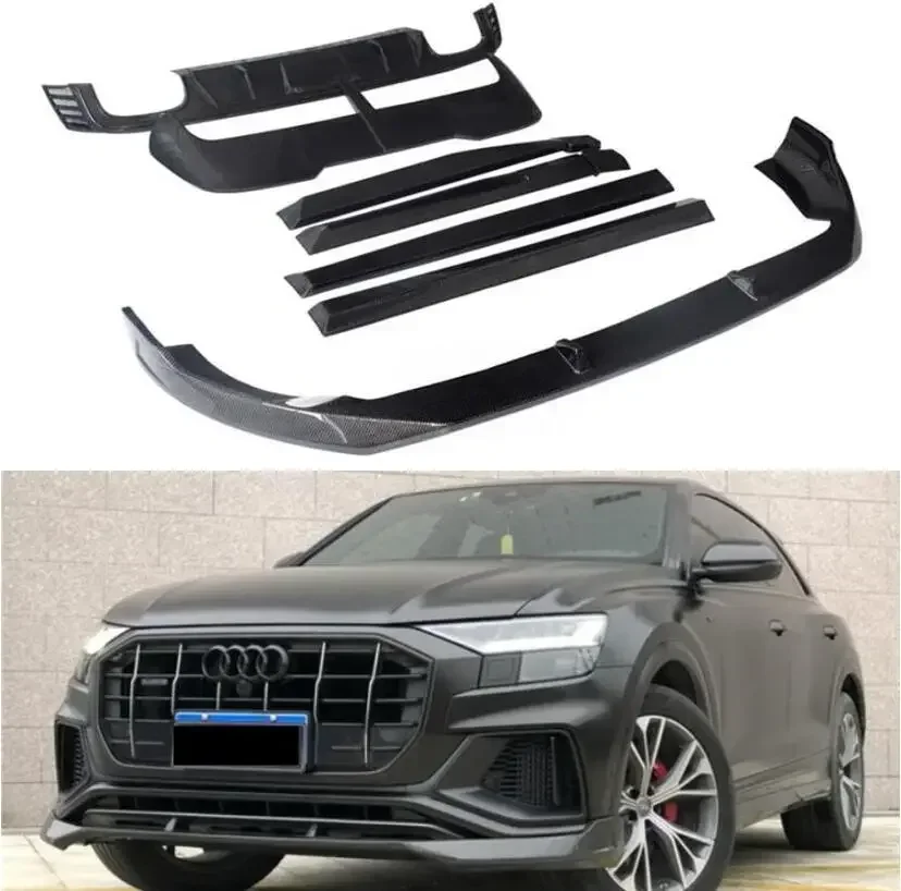 Front Bumper Lip+Rear Spoiler+Trunk Diffuser+Side Body Skirt For AUDI Q8 2018 2019 2020 2021 2022 Real Carbon Fiber