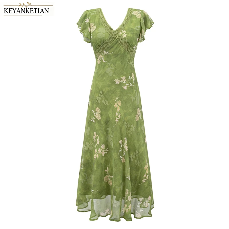 KEYANKETIAN Gentle Cottage Floral Maxi Dress V Neck Crisscross Lace Waist Flutter Sleeve Irregular Chiffon Beach Holiday Dress