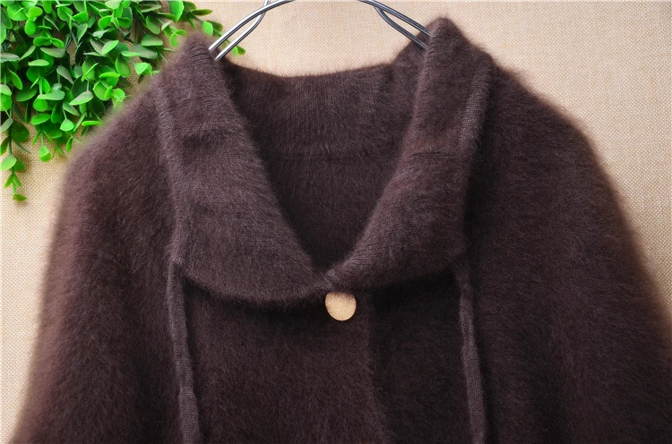 Ladies Women Fall Winter Clothing Hairy Soft Angora Rabbit Fur Knitted Short Batwing Sleeves Turn-Down Neck Loose Jacket Sweater