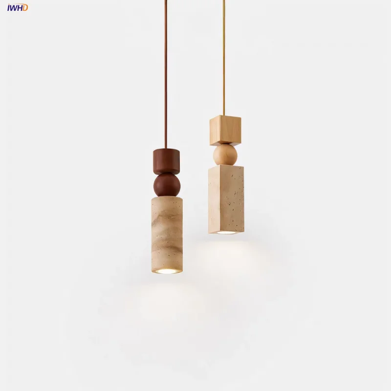 

IWHD Creative Wood LED Pendant Lamp Hallway Bar Cafe Nordic Modern Wabi Sabi Yellow Travertine Home Decoration Hang Lamp Lampen