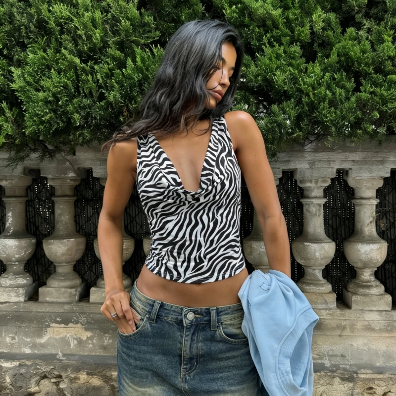 Hugcitar Damenmode, Zebramuster, V-Ausschnitt, gerüscht, rückenfrei, sexy, schmales Crop-Tanktop, Sommerkleidung für Damen, Party, Urlaub, Club – Detail 17