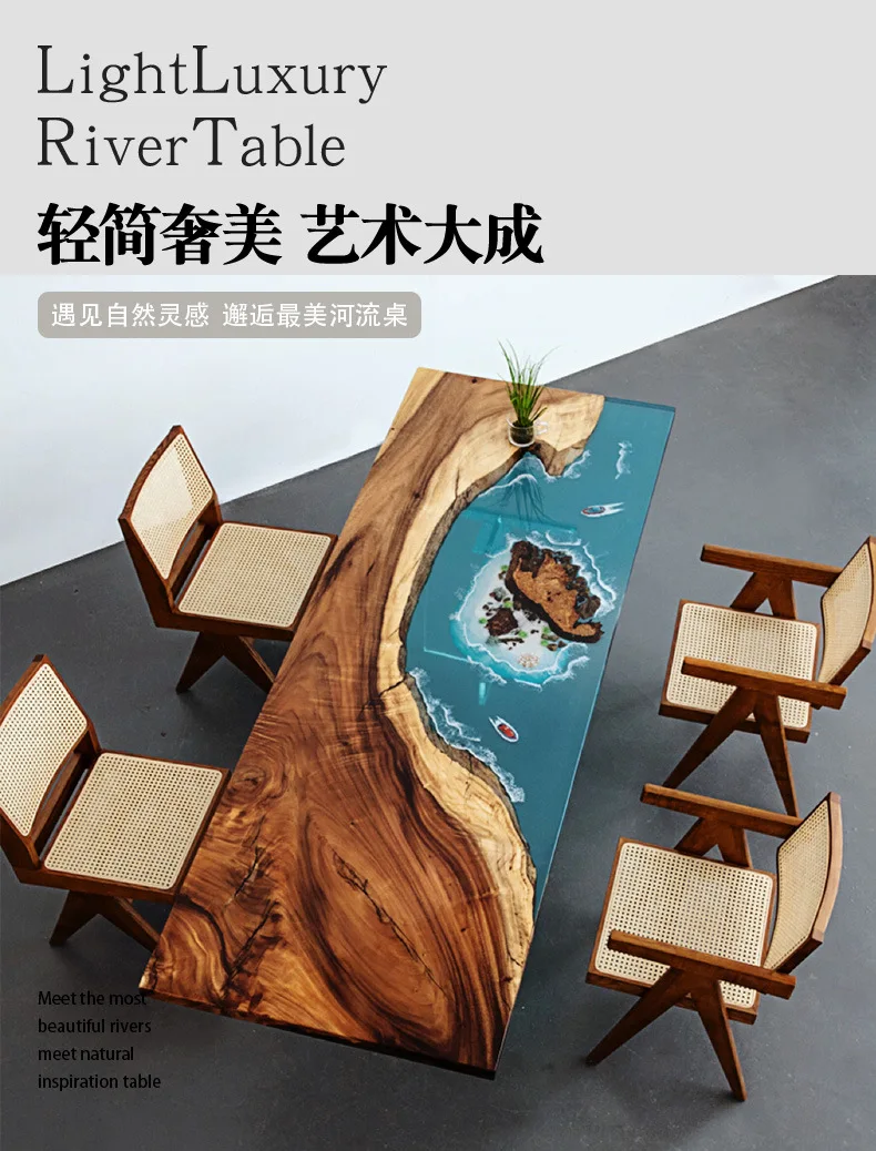 Cross-border Epoxy Resin River Table Light Luxury Log Wave Large Board Solid Wood Walnut Ice Crystal Desktop Coffee Table Dining