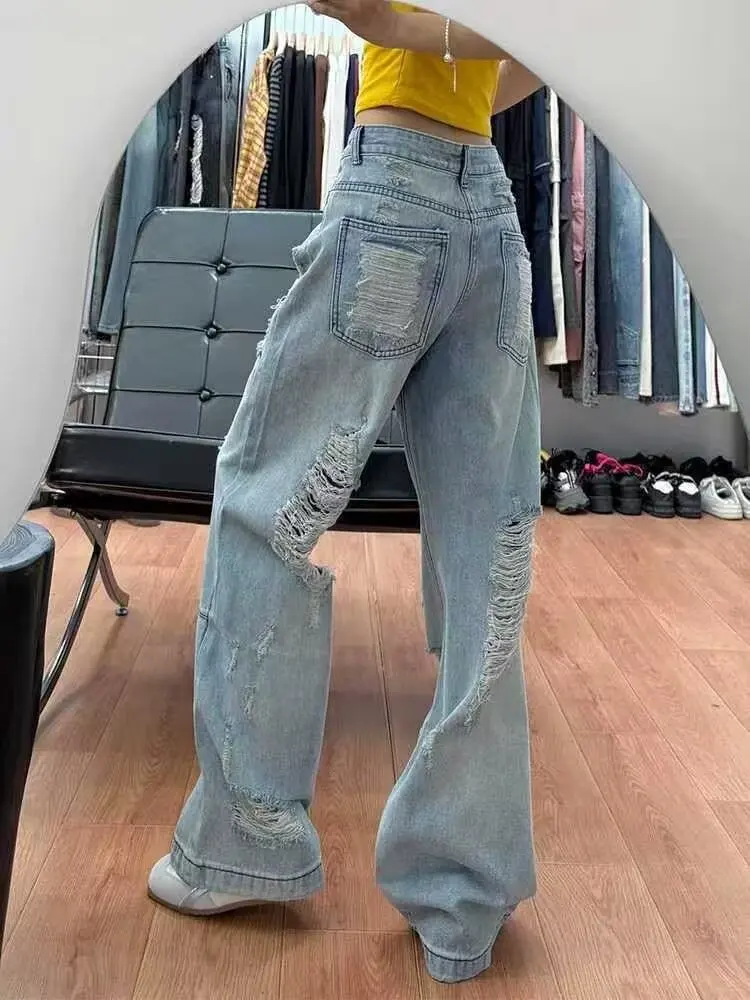 Y2K renda rasgada perna larga jeans meninas primavera verão solto ajuste até o chão calças da moda