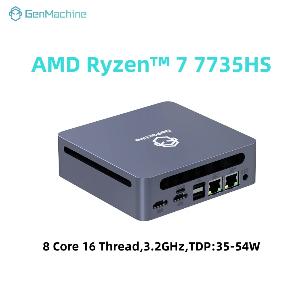 GenMachine AMD Ryzen 7 7735HS كمبيوتر صغير 3.2 جيجا هرتز 54 واط 8 كور 16 موضوع ويندوز 11 DDR5 16 جيجا 6400 ميجا هرتز 2.5 جيجا LAN USB4 WIFI6 كمبيوتر صغير للألعاب