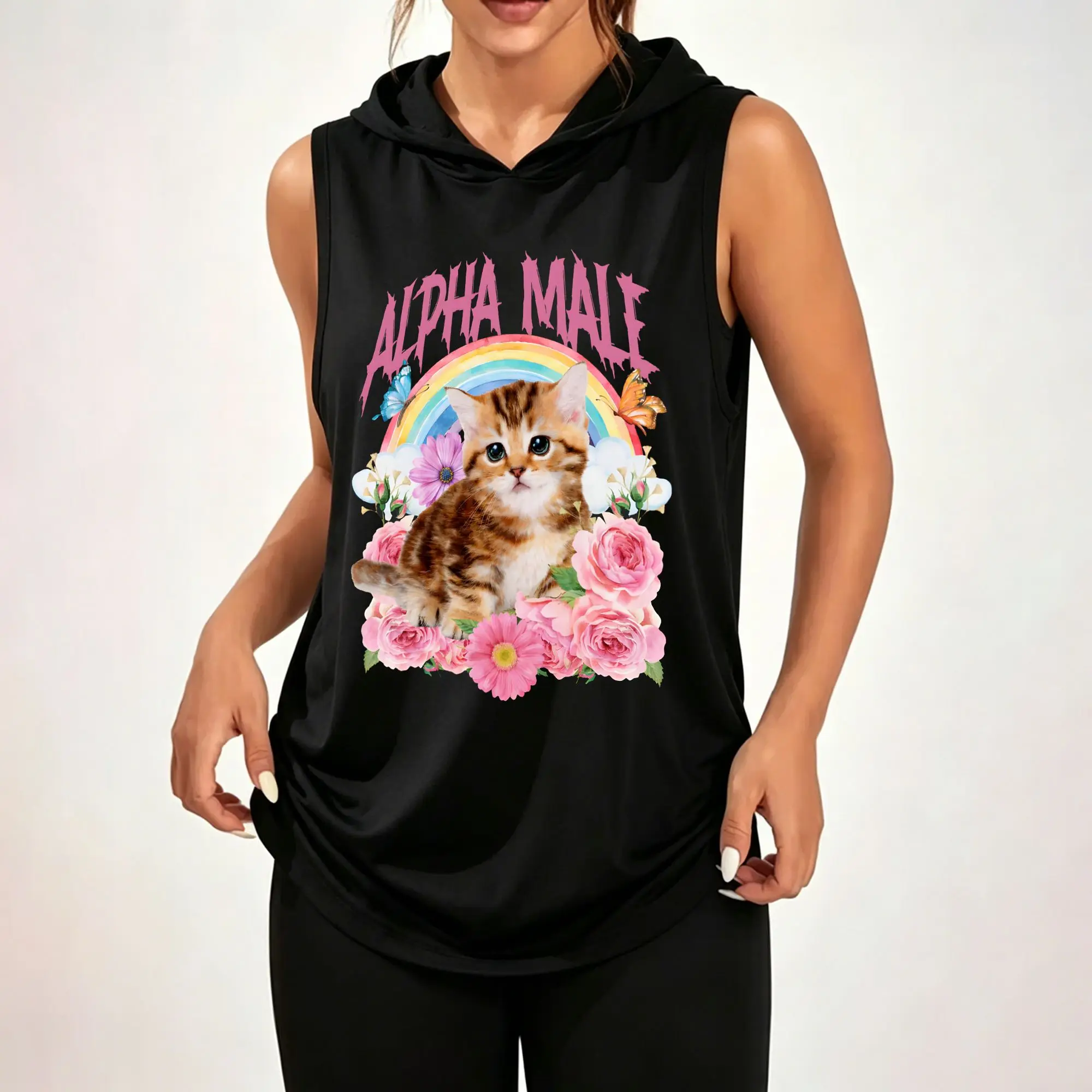 Women's Sleeveless Hoodie, Alpha Male Cute Kitten Rainbow Floral Butterfly Pastel Graphic Print Casual Hooded Tank Top