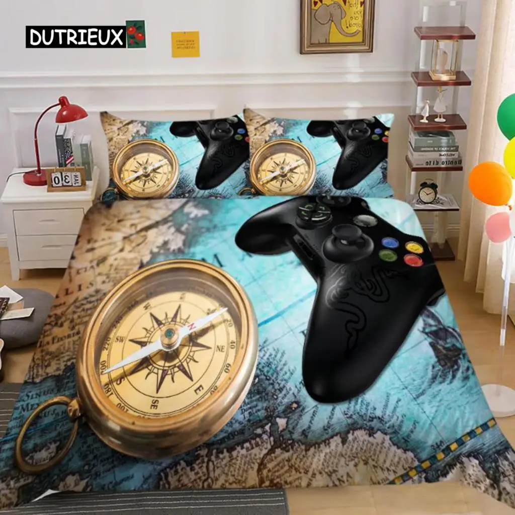 

Gamepad Duvet Cover Set King Microfiber Gamer Video Games Twin Comforter Cover for Kids Boy Compass Nautical Pattern Quilt Cover