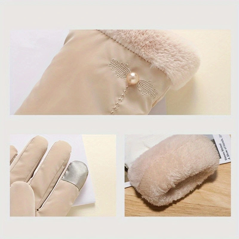 قفازات نسائية سميكة دافئة على الطراز الصيني لفصل الشتاء، متوافقة مع شاشة اللمس، مناسبة للخريف والشتاء، للطلاب، ركوب الدراجات في الهواء الطلق