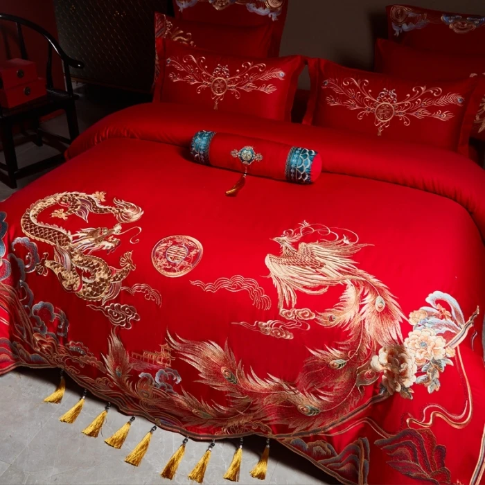 Egyptian Cotton Bedding Set Luxury Gold Phoenix Loong Embroidery Chinese Wedding Red Quilt/Duvet Cover Bed Sheet Pillowcases