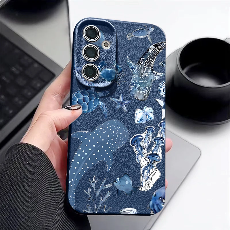 Cute Whale Pattern Phone Case For Samsung Galaxy A57 A37 A17 A56 A16 A55 A54 A15 A36 A26 A35 A53 Leather Texture TPU Soft Cover