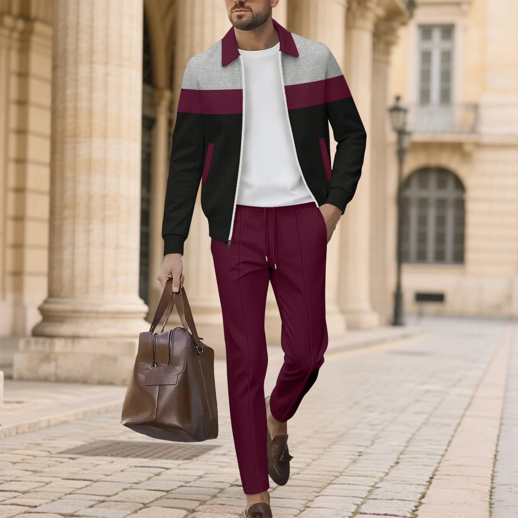 

Spring Autumn New Men Waffle Color Block Zip Up Pocket Jacket Long Pants Casual Fashion Two Piece Matching Tracksuit Outfit