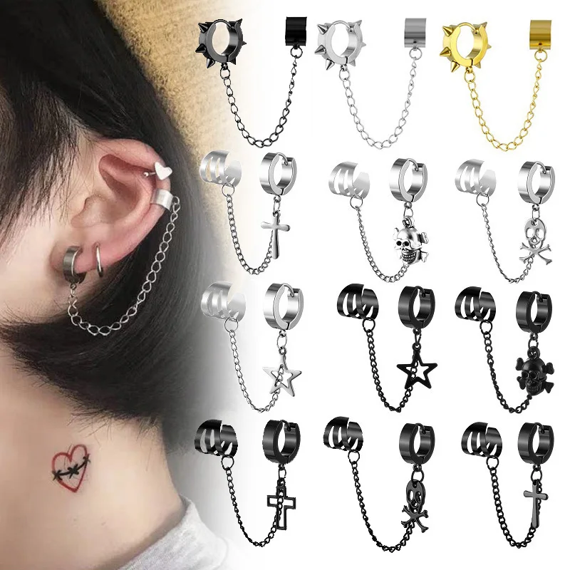 1 Piece Cross Skull Chain Tassel Dangle Earrings for Women/Men Stainless Steel Ear Bone Clips Single Double Ear Holes Jewelry