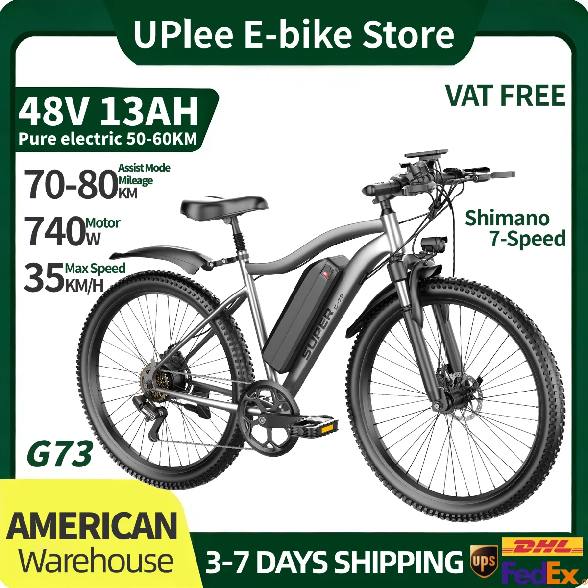 

UPlee G73 740W Peak Motor 35KM/H Electric Bike 48V 13AH Battery electric bike adults 7-Speed Color LCD Display 26-inch ebike