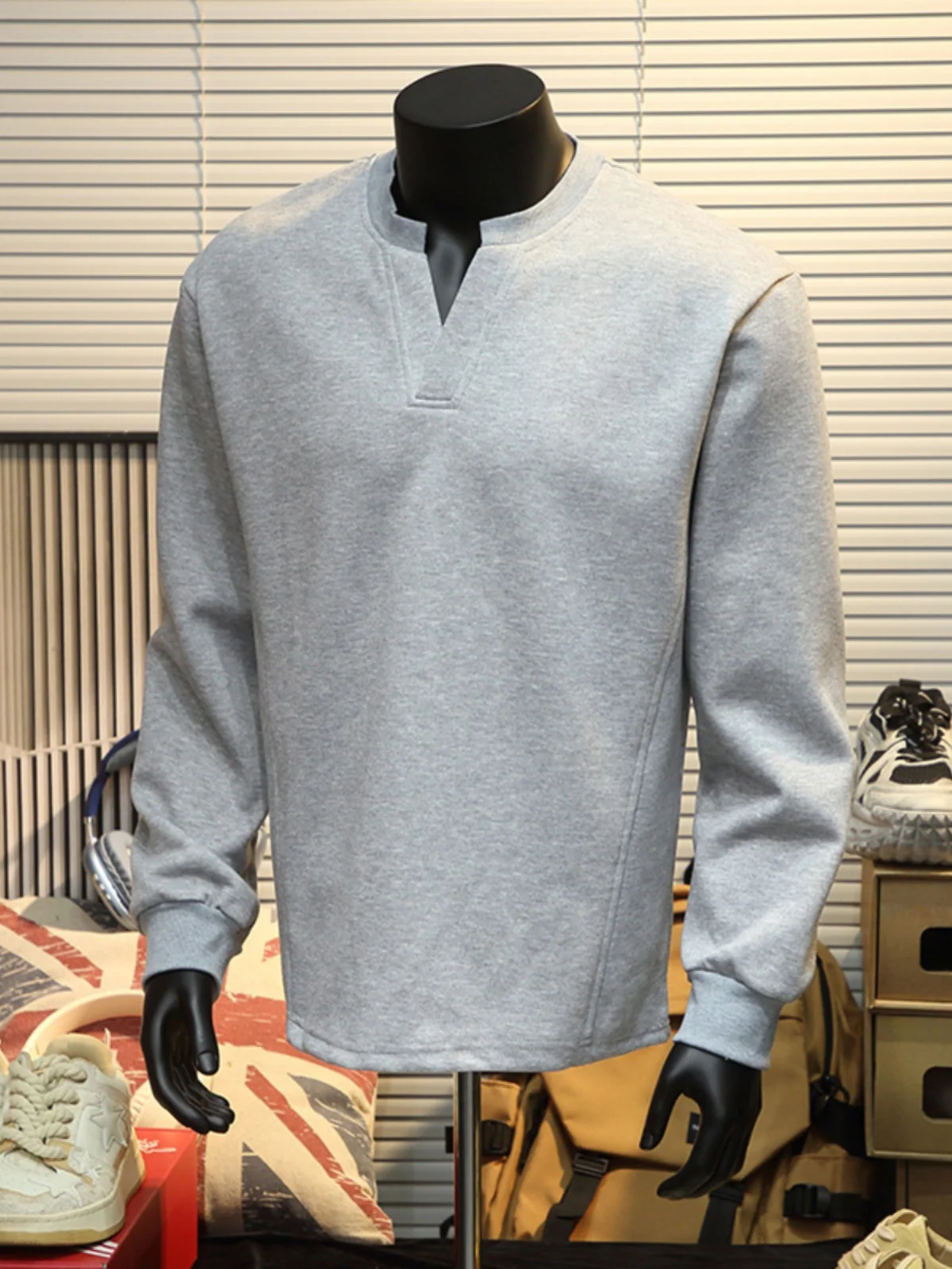 Cleanfit الأبيض طويل Sve V-Ne هنري تي شيرت بياقة الرجال ربيع الخريف Fitn Muscle ow ملابس داخلية مريحة فضفاضة تناسب