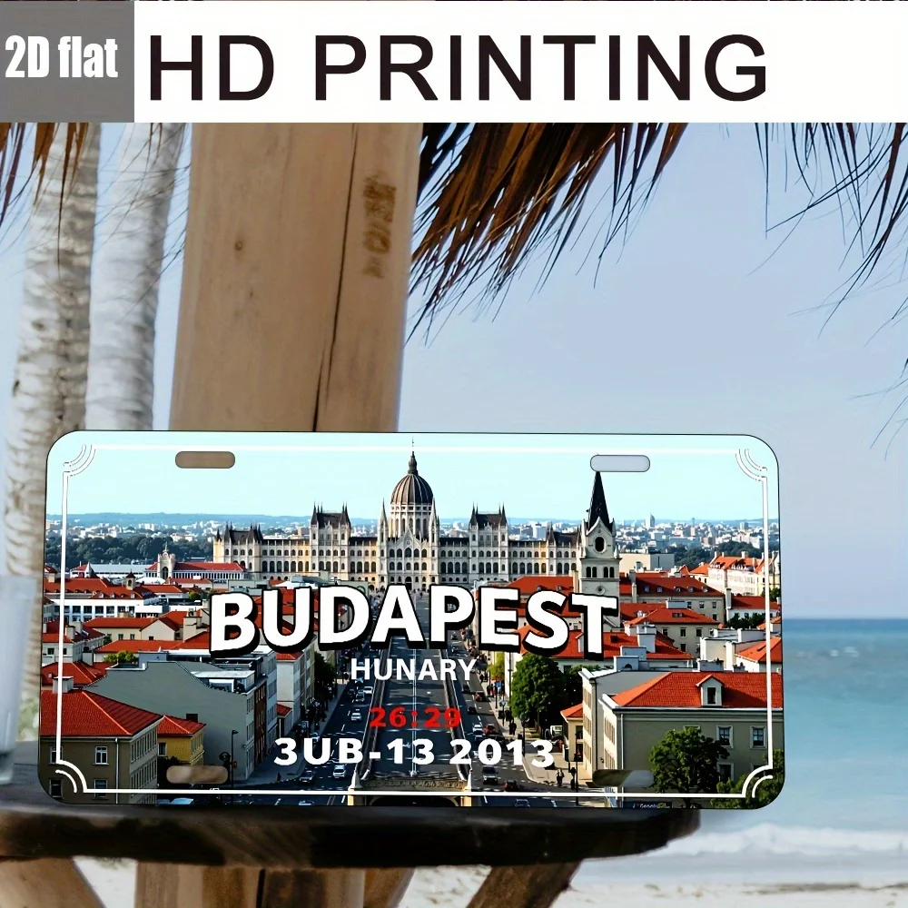 2D Flat Product, 1pc, Aluminum License Plate, for Decorative Use Only, Vintage Aluminum Label Plate- Budapest Cityscape Vintage