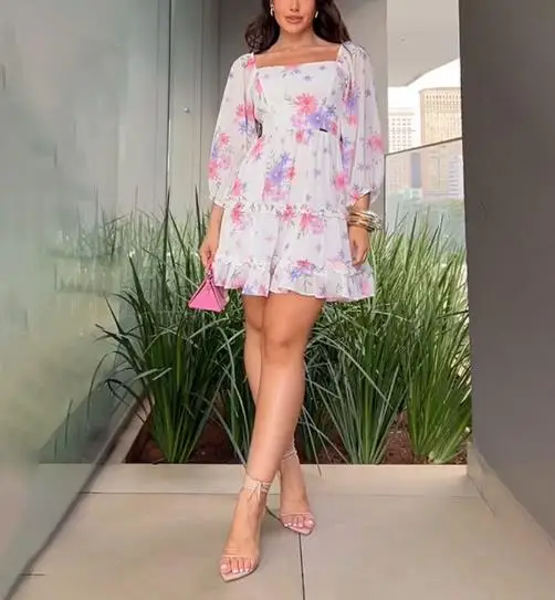 

Autumn Square Neck Backless Floral Print Short Skirt for Women, Fashionable and Elegant Slim Fit Lantern Sleeve A-Line Dress