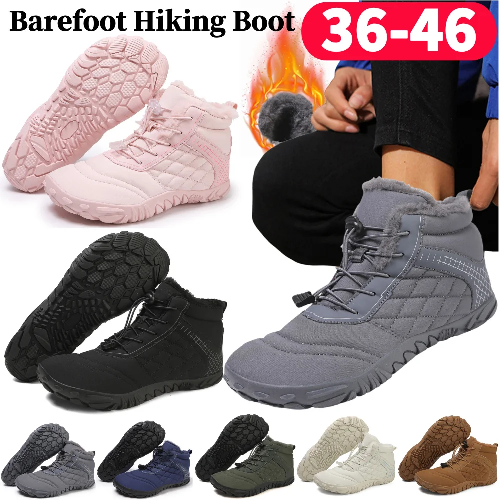 

Winter Barefoot Hiking Boots For Men Women Slip On Warm Zero Drop Snow Boots Wide Toe Box Ankle Booties Waterproof Thermal Boots