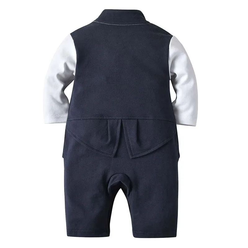 Baby Boys Romper One Piece Bow Tie Jumpsuit Navy Cotton Overall Newborn Boys Winter Gentleman Suit Toddler Tuxedo Clothing 0-3M