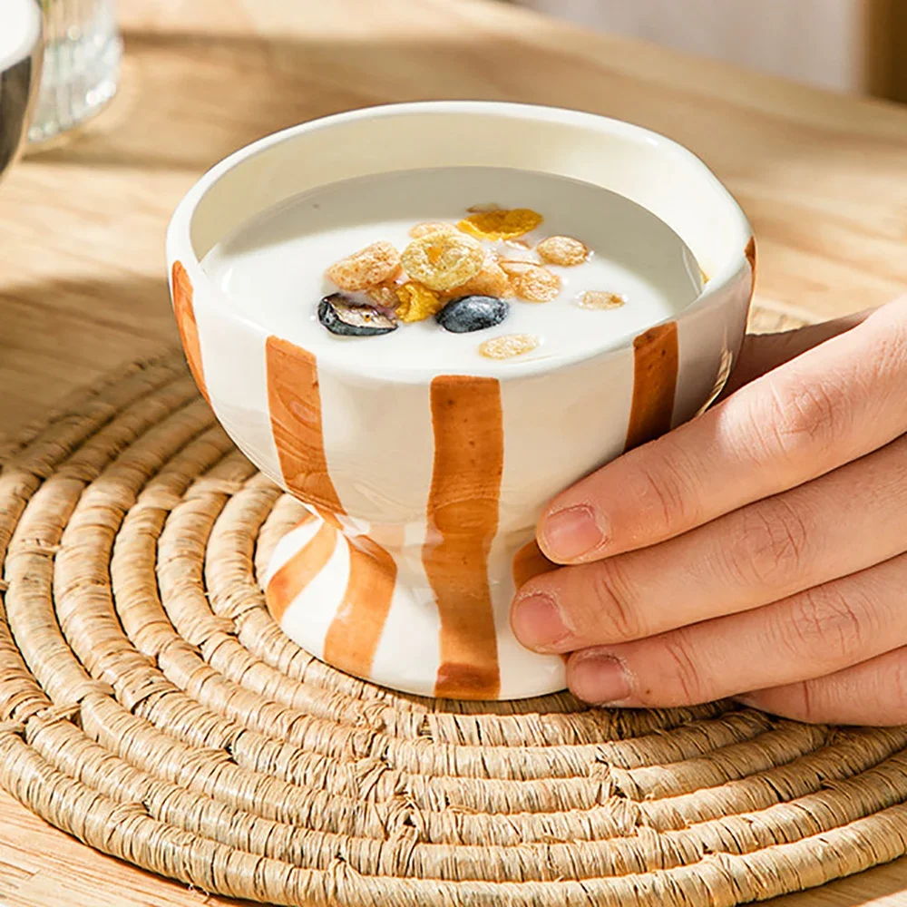 Vintage High Legged Irregular Porcelain Bowl Contrast Striped Ceramic Household Food Container Oats Yogurt Dessert Bowls
