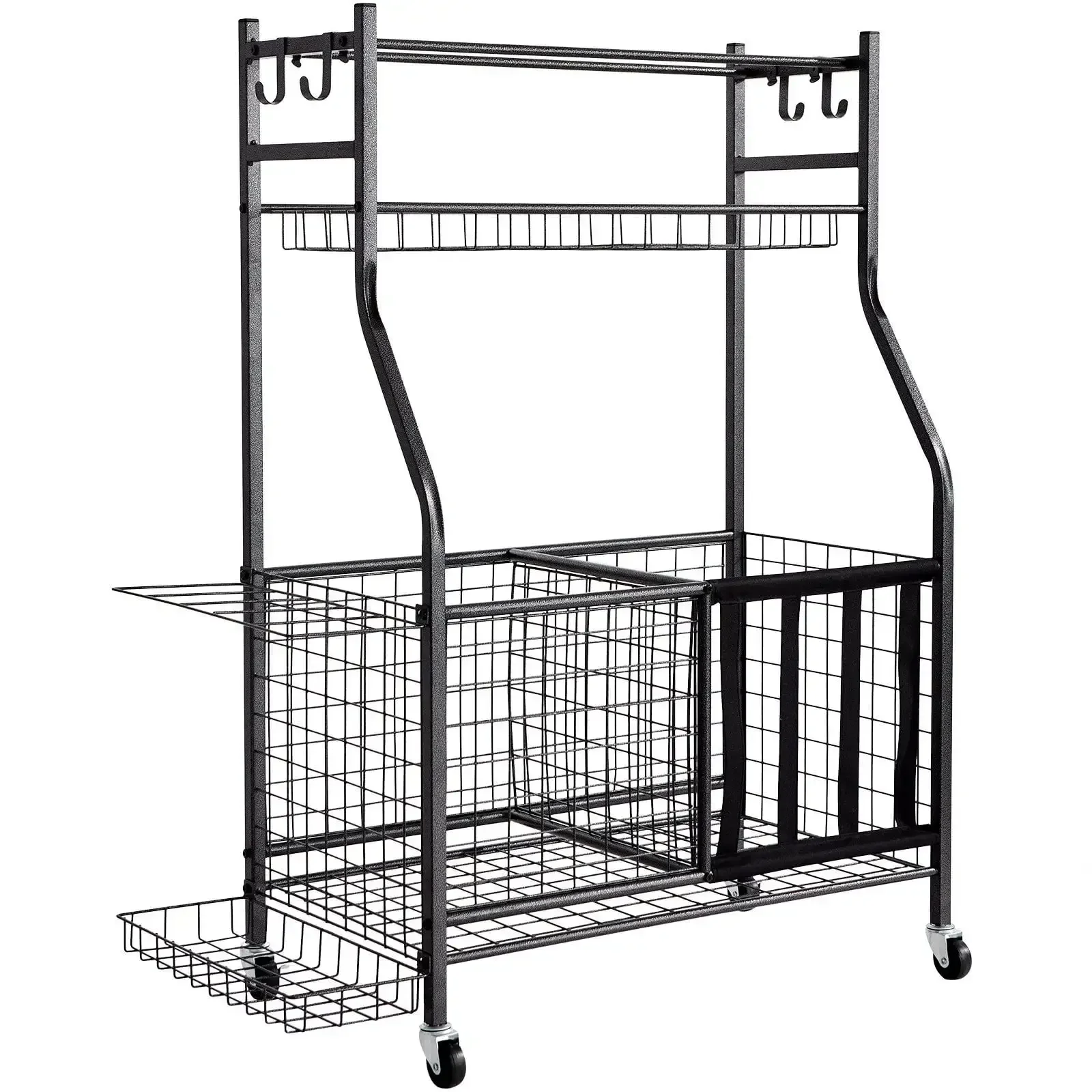 Sports Equipment Garage Organizer, Rolling Ball Storage Cart on Wheels, Basketball Rack with Baskets & Hooks