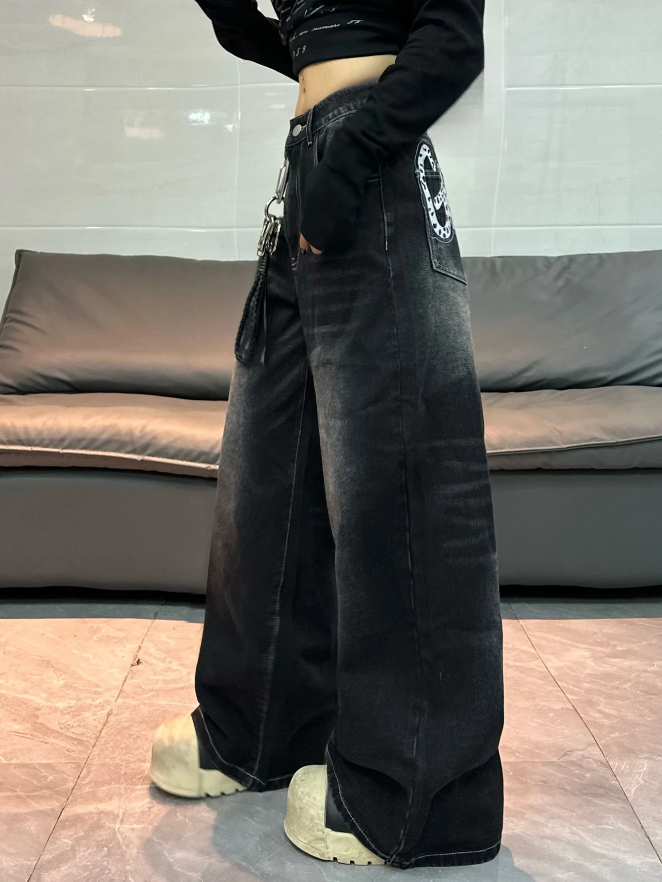 American Vintage Distressed Washed Letter Embroidery Loose Jeans Y2K Street Fashion Versatile Black Wide-Leg Pants For Women