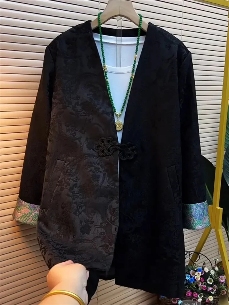 New Chinese Style Women Spring Jacquard Long Sleeved Jacket Medium To Long Length Covering The Belly And Buttocks Slim Versatile